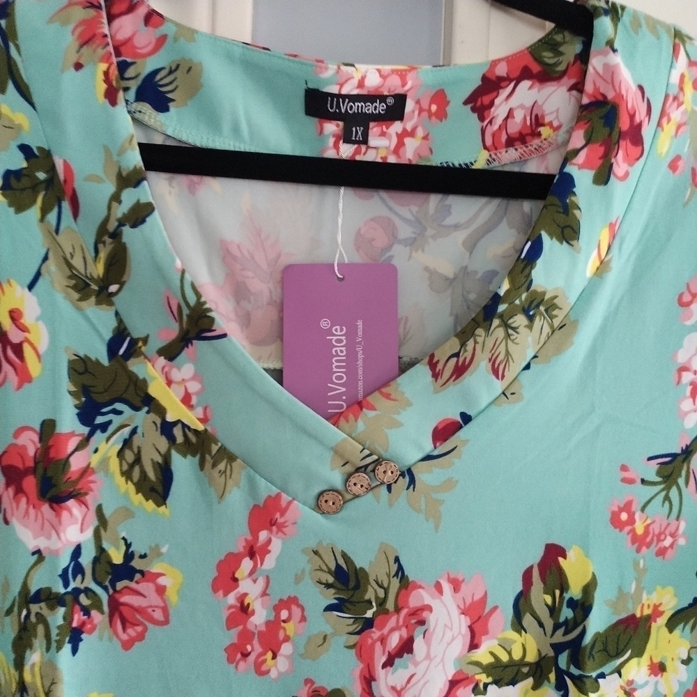 Amazon U.Vomade Green Floral Shirt Sleeve Tunic Top 1X - Picture 7 of 14